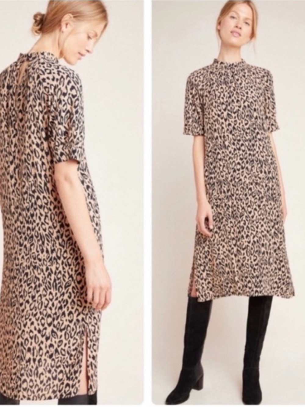 Anthropologie Leopard Print Midi Dress Side Slits Lined Size Small Short Sleeve